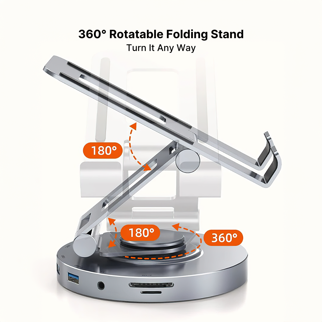 Aluminum 8-in-1 USB-C Hub with Foldable 360° Rotatable Stand and 4K HDMI