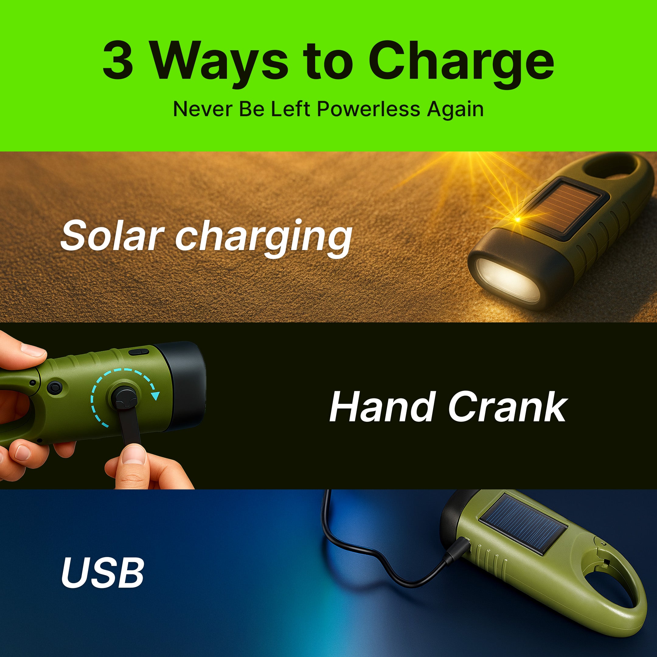 Solar Powered Hand Crank Flashlight with Powerbank